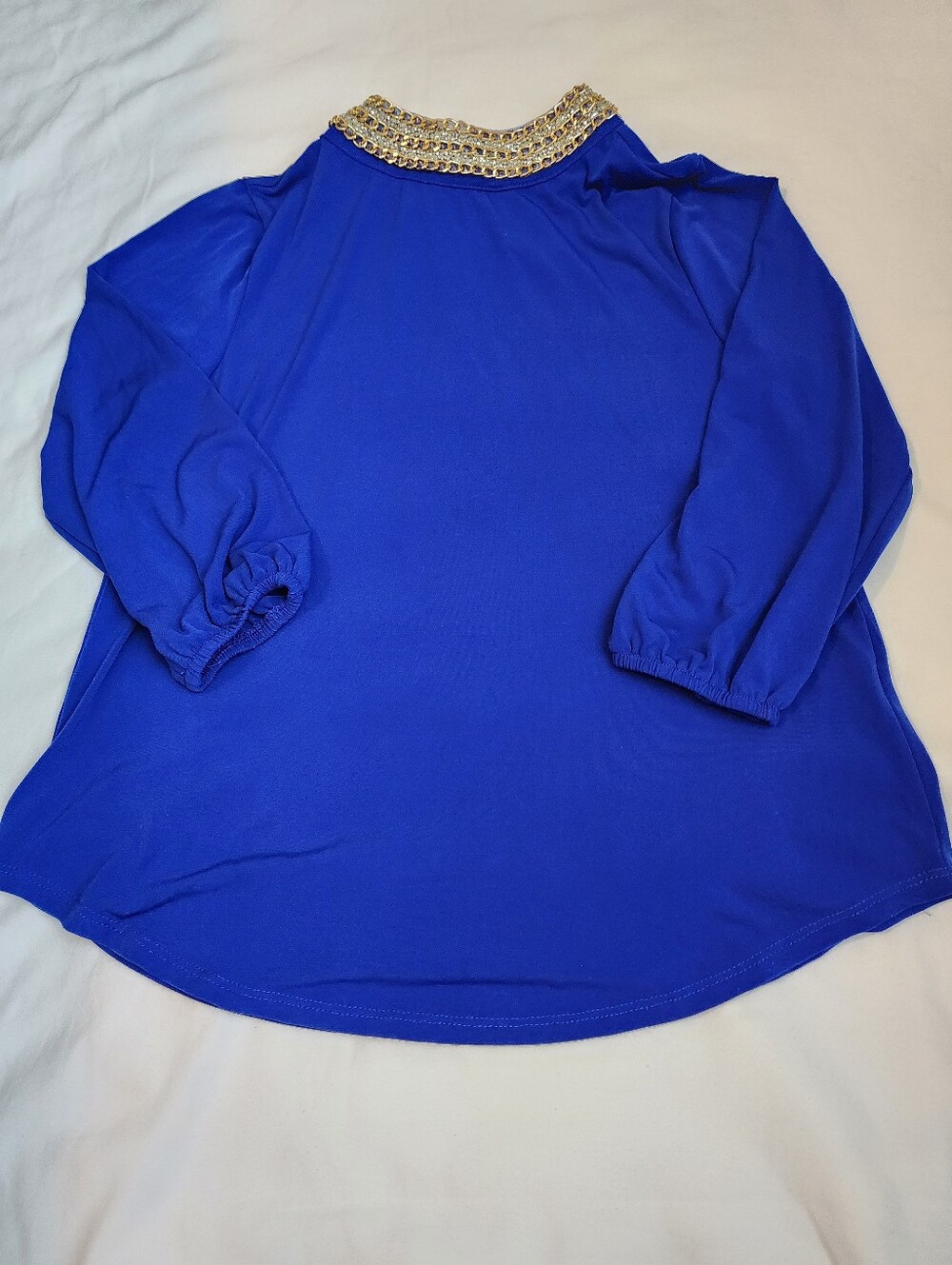 Royal Blue Gold Chain Neck Blouse Top XS NWOT